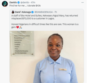 Davido pledges to reward $10k to hotel staff who returned $70k to a customer in Lagos
