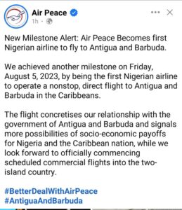 Air Peace Gets License To Commence Flights Into The Caribbeans