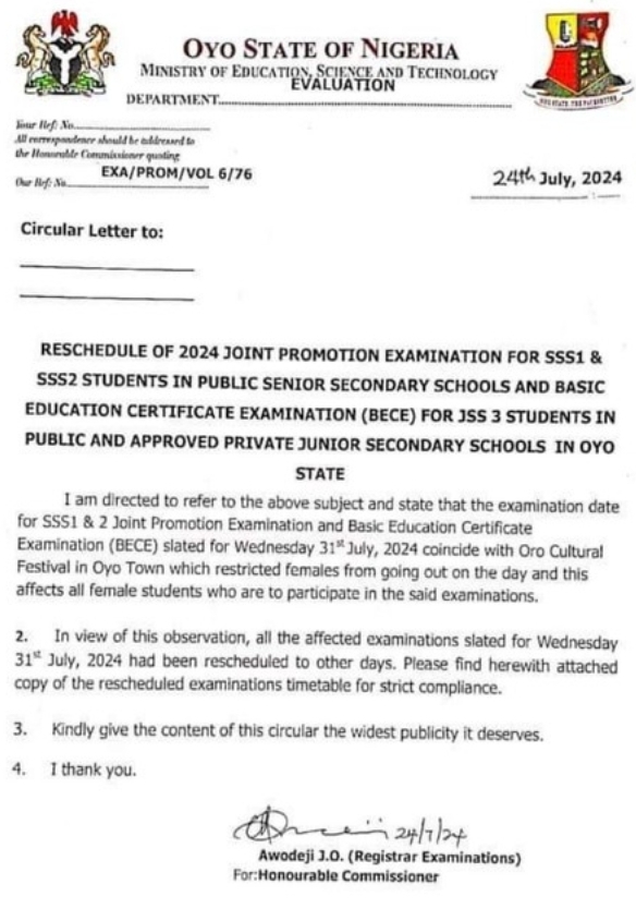 Oyo State Government Reschedules Exams Due to Oro Festival on July 31st