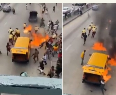 Photos: Bus Driver Sets Himself and LASTMA Officials on Fire in Lagos During Arrest Attempt